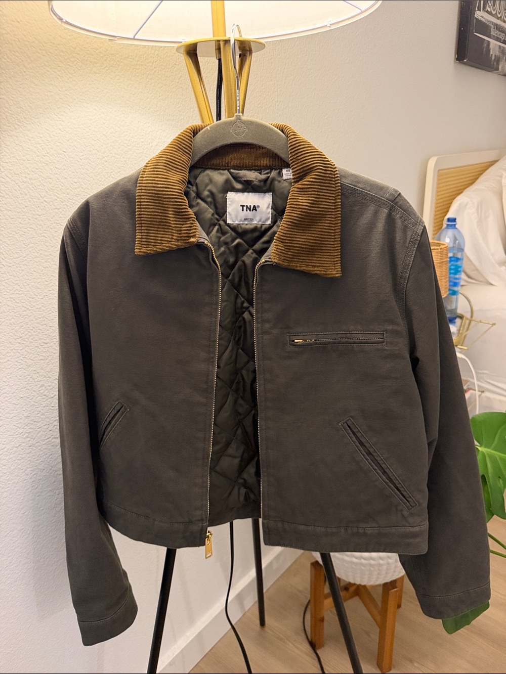 Aritzia Olive Green Jacket with Brown Corduroy Collar